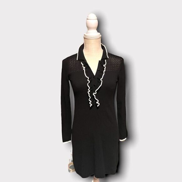 Shoshanna | Women’s Small Mini Sweater Dress Black with Contrasting White Trim - Picture 1 of 8
